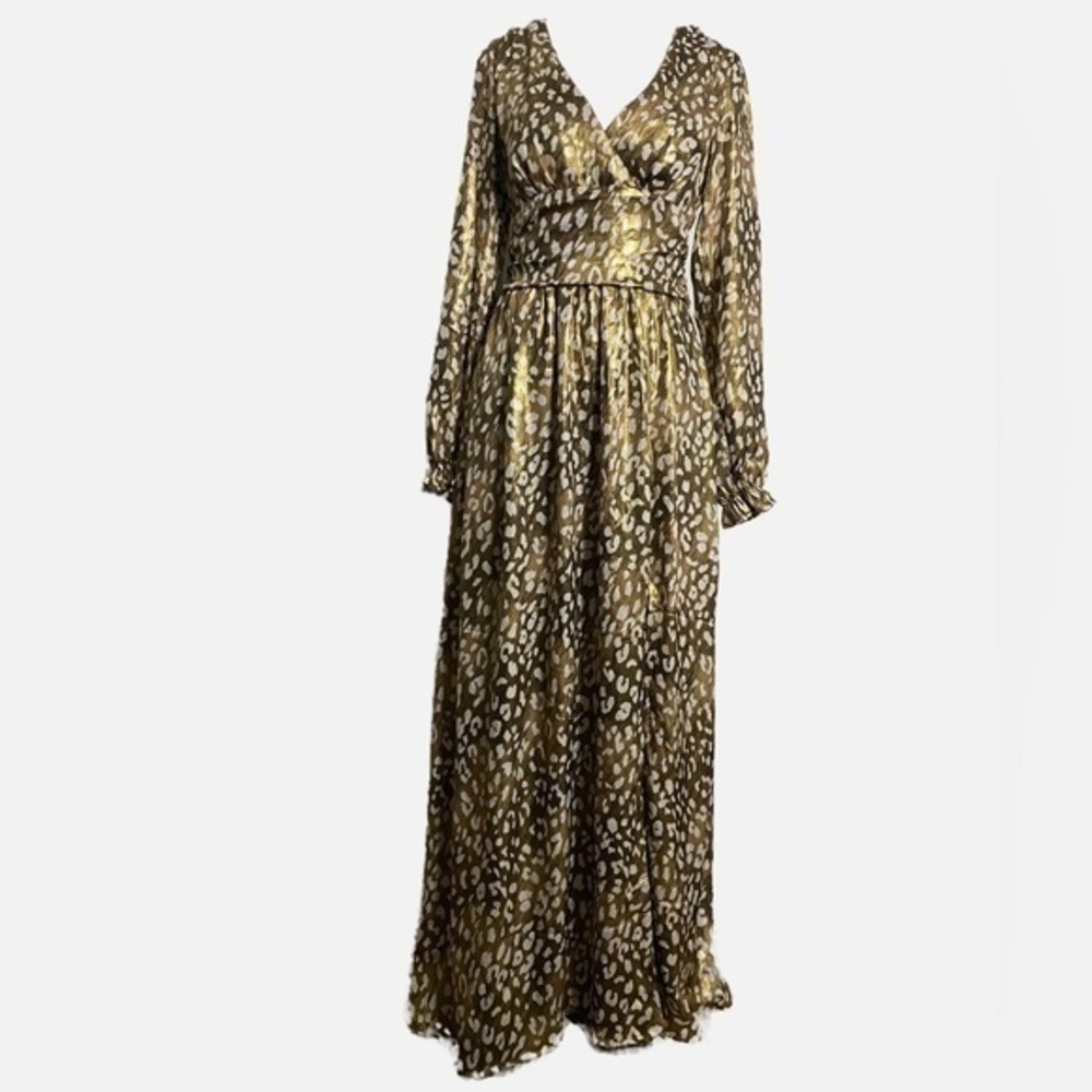 Jun & Ivy Limelight Lurex Gold Leopard Maxi Long Sleeve Dress